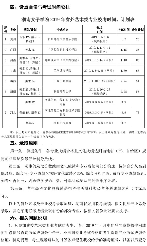 湖南女子學院2019年省外藝術類校考招生簡章