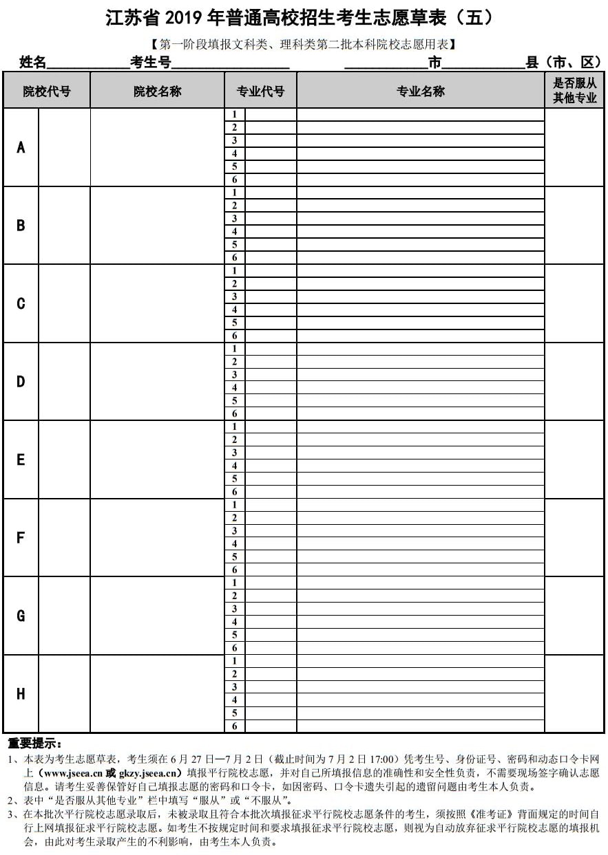 2019年江蘇高考志愿填報草表第一階段