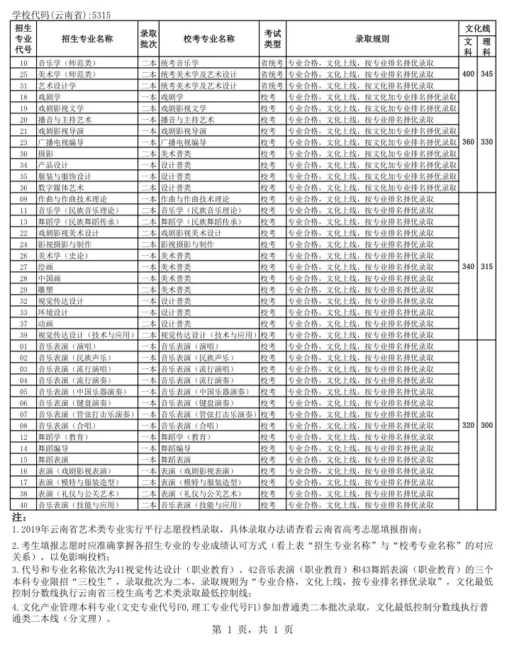 云南藝術(shù)學(xué)院2019年文化最低控制線云南省