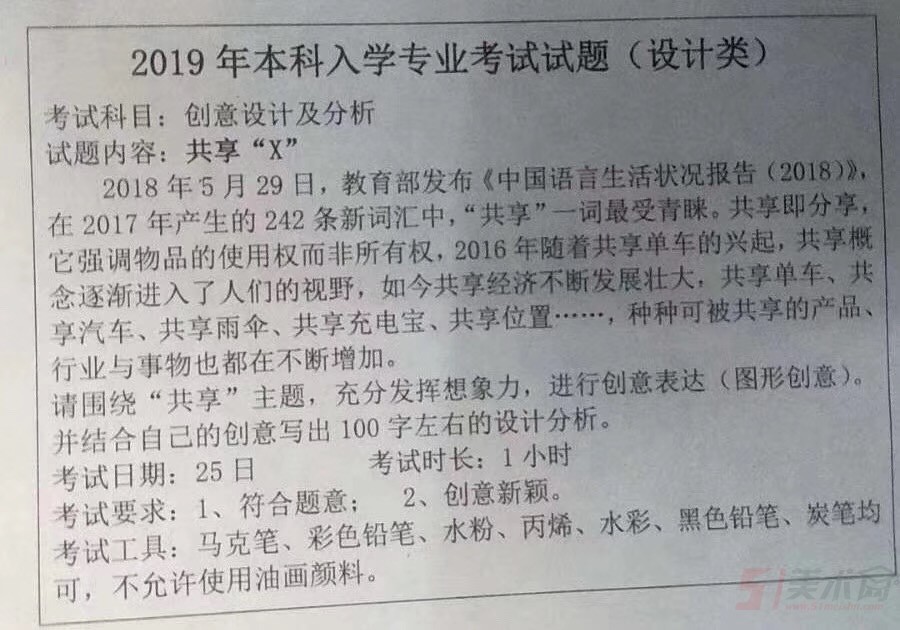 天津美術學院2019年設計類校考考題