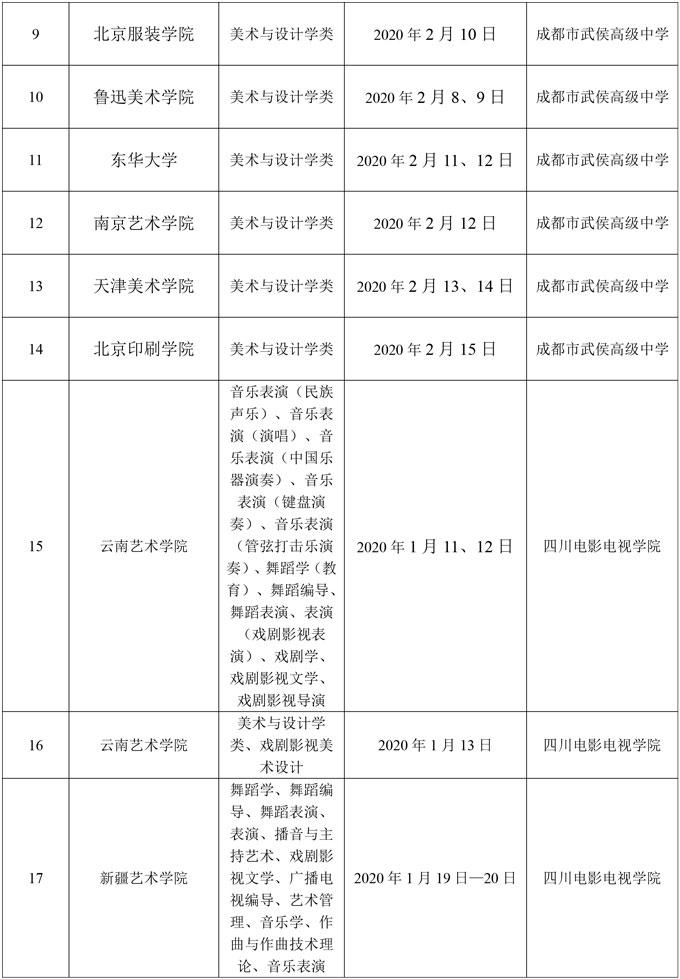 2020年省外高校在四川藝術(shù)類校考時(shí)間表