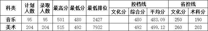 南華大學船山學院2020年美術類專業錄取分數線